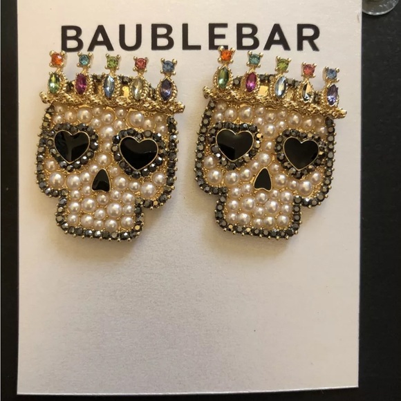 Baublebar Gold Tone Sugar Skull King Stud Drop Earrings Faux Pearl & Crystal NEW - Picture 1 of 11